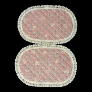 Vintage 70s Set Of 2 Pink Floral Quilted Ruffled Lace Edge Oval Cloth Placemats